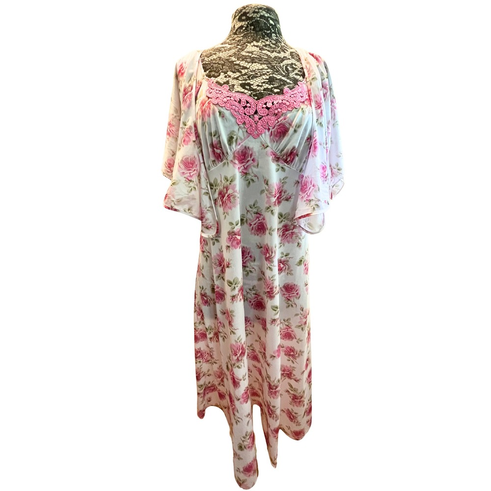Vintage Y2K Cottagecore Pink Rose Lace‎ Nightgown Wrap Kimono Robe Set Size S/M